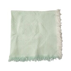 Vintage Acrylic Baby Blanket Japan Waffle Weave Green Pastel Fringe Edge 35x35